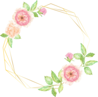 watercolor beautiful English rose flower bouquet wreath with gold frame png