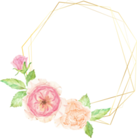 watercolor beautiful English rose flower bouquet wreath with gold frame png