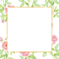 watercolor beautiful English rose flower bouquet garden with gold square banner background png