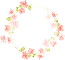 watercolor pink Bougainvillea with golden wreath frame with copy space png