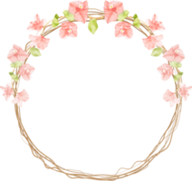 buganvilla rosa acuarela con marco de corona de ramita seca png