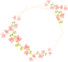 buganvillas rosas color agua sobre salpicaduras rosas con marco dorado hexagonal para la tarjeta de invitación de boda o cumpleaños