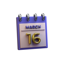 Monthly Calendar 16 March 3D Rendering png