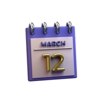 Monthly Calendar 12 March 3D Rendering png