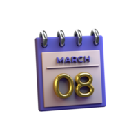 Monthly Calendar 08 March 3D Rendering png
