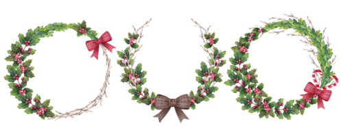 Set of Christmas watercolor wreaths with fir branches, green leaves, berries and a red bow. For postcards, congratulations, wallpaper, background png