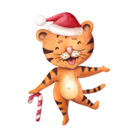 ilustración acuarela con un lindo tigre de dibujos animados con una gorra roja y un bastón. ilustración infantil dibujada a mano de feliz navidad png