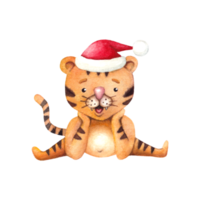 Watercolor illustration with a cute cartoon tiger in a red cap and a cane. Children's hand-drawn illustration of Merry Christmas png