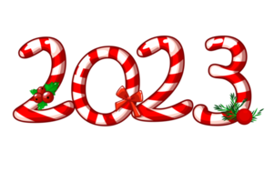 hälsning kort eller affisch Lycklig ny år 2023 med godis. illustration festlig kort med söt sötsaker på en vit bakgrund. png