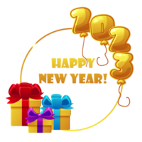 Happy New Year greeting card with gold balls and gifts. Illustration holiday banner with an inscription for graphic design. png