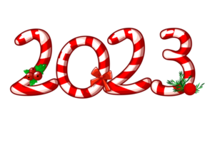 hälsning kort eller affisch Lycklig ny år 2023 med godis. illustration festlig kort med söt sötsaker. png