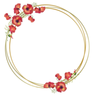 round golden frame with watercolor flowers of red poppies png