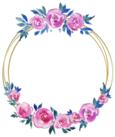 golden round frame with pink roses, floral design, wedding monogram, watercolor illustrations greeting cards png