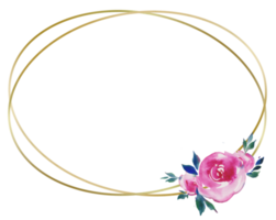 golden round frame with pink roses, floral design, wedding monogram, watercolor illustrations greeting cards png