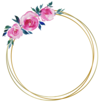 cadre rond doré avec roses roses, dessin floral, monogramme de mariage, illustrations à l'aquarelle cartes de vœux png