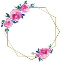 goldener rahmen mit rosa rosen, blumenmuster, hochzeitsmonogramm, aquarellillustrationen, komposition in einem geometrischen goldenen rahmen png