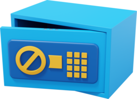 Modern safe with code lock. Blue open storage. PNG icon on transparent background. 3D rendering.