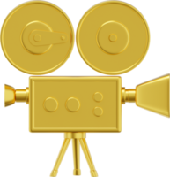 Vintage gold cartoon style movie camera. Funny retro video camera. 3D rendering. PNG icon on transparent background