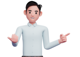 businessman in blue shirt come here gesture and pointing to the side, 3d illustration of a businessman in a blue shirt pointing png