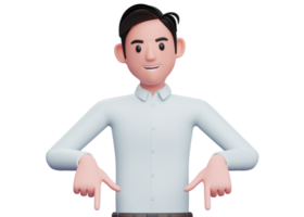 3d businessman pointing down, 3d illustration of businessman in blue shirt pointing png