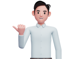 businessman in blue shirt pointing with thumb aside looking at the camera, 3D illustration of businessman pointing with thumb png