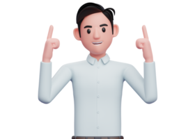 businessman in blue shirt pointing two fingers up, 3d illustration of a businessman in a blue shirt pointing png