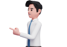 3d illustration of a man in white shirt and blue tie facing side and pointing, businessman in white shirt pointing illustration png