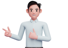 Businessman in blue shirt pointing and thumbs up, close up 3D illustration of businessman in blue shirt pointing and thumbs up png