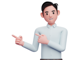 man in blue shirt pointing side with both index fingers, 3d illustration of a smart businessman pointing png