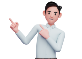 Businessman in blue shirt Pointing to the top side with both hands, 3D illustration of smart boy pointing illustration png