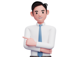 empresário de camisa branca e gravata azul apontando para a esquerda e mão cruzada no peito, ilustração 3d do empresário apontando png