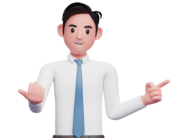 businessman in white doing come here gesture and pointing to the side, 3d illustration of a businessman pointing and inviting to join png