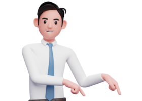 businessman in white pointing to the lower right corner, 3d illustration of businessman in white pointing to the lower right corner inviting to subscribe png