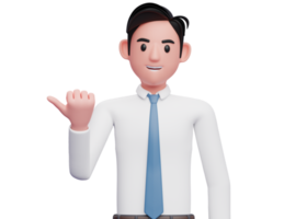 hombre de negocios con camisa blanca corbata azul apuntando con el pulgar a un lado mirando la cámara, ilustración 3d del hombre de negocios apuntando con el pulgar png