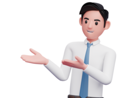 businessman in white shirt open both hands pose, 3d illustration of a businessman presenting side with open both hands png