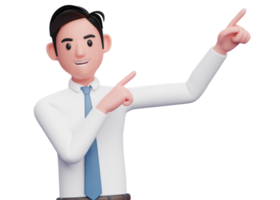 businessman in white shirt raising both hands pointing to the top right corner, 3d illustration of a businessman pointing to the top right corner with both finger png