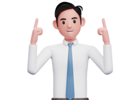 businessman in white shirt and blue tie pointing two fingers up, 3d illustration of a businessman pointing two fingers up png