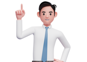 portrait of a businessman in a white shirt blue tie pointing up with index finger, 3d illustration of a businessman raising finger png