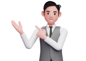 businessman in gray vest suit Pointing and recommending pose, 3d illustration of businessman in gray vest suit pointing side up png