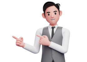 man in gray vest suit pointing side with both index fingers, 3d illustration of a smart businessman pointing png