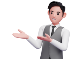 hombre de negocios con traje de chaleco gris pose abierta con ambas manos, ilustración 3d de un hombre de negocios que presenta el lado con ambas manos abiertas png