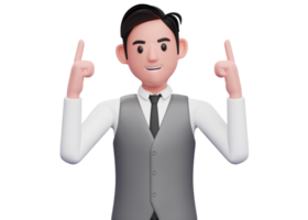 businessman in gray vest suit pointing two fingers up, 3d illustration of a businessman pointing two fingers up png