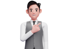 Close up of smart businessman in gray vest suit pointing to the top right, 3d illustration of businessman in gray vest suit pointing png
