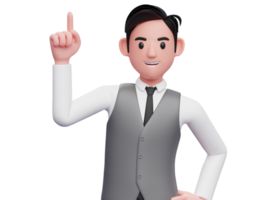 porträtt av en affärsman i grå väst kostym pekande upp med index finger, 3d illustration av en affärsman höjning finger png