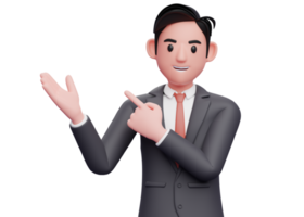 businessman in formal suit and red tie Pointing and recommending pose, 3d illustration of businessman in blcak suit pointing side up png