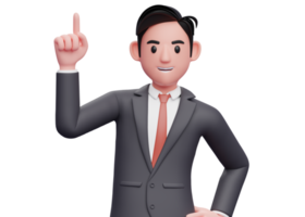 businessman in black suit pointing up with index finger, 3d illustration of a businessman raising finger png