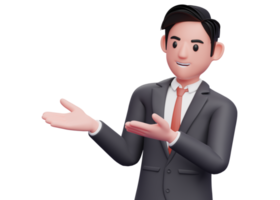 businessman in black suit open both hands pose, 3d illustration of a businessman presenting side with open both hands png