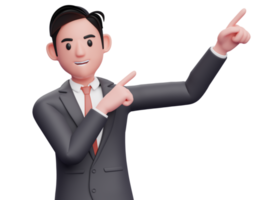 businessman in black suit raising both hands pointing to the top right corner, 3d illustration of a businessman pointing to the top right corner with both finger png