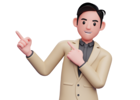 Businessman in brown suit Pointing to the top side with both hands, 3D illustration of businessman Pointing to the top side with both hands png