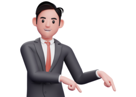 businessman in black suit pointing to the lower right corner, 3d illustration of businessman in brown suit pointing to the lower right corner inviting to subscribe png